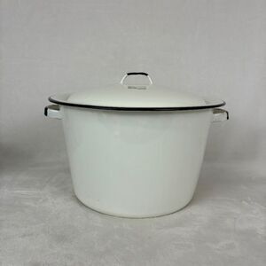 Vintage White Enamelware Stock Pot with Lid Black Rim Farmhouse Cottagecore